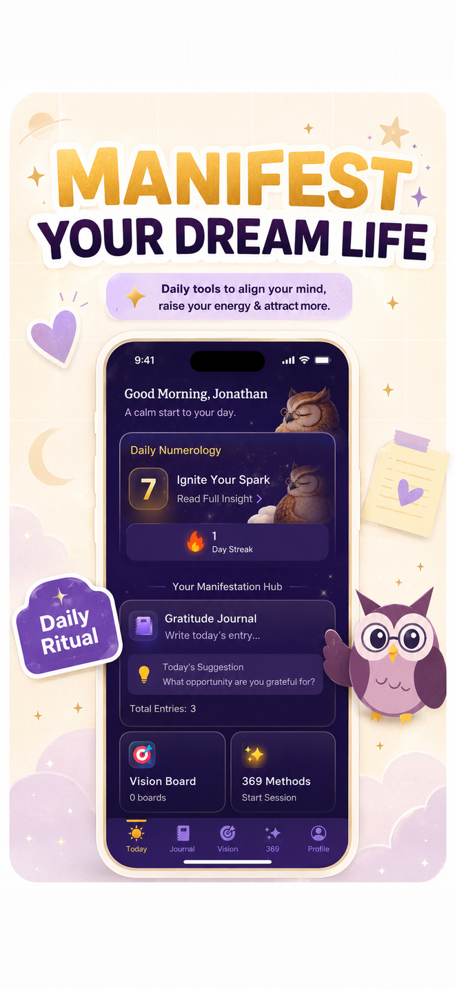 Pantalla principal de la app Manifest en un iPhone: manifiesta la vida de tus sueños con ritual diario, racha y numerología