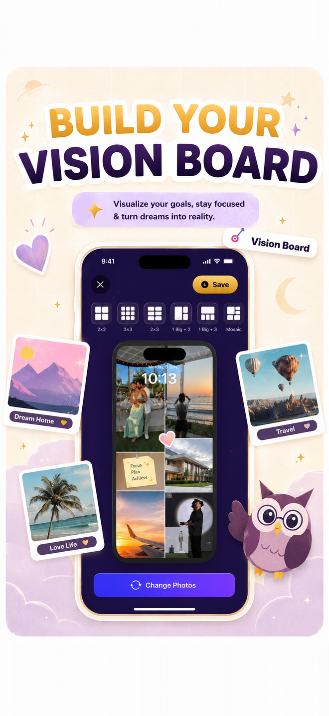 Creador de tableros de visualización en la app Manifest con plantillas de cuadrícula para fotos