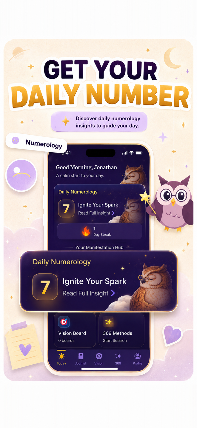 Lectura diaria de numerología en la app Manifest mostrando un número de día personal