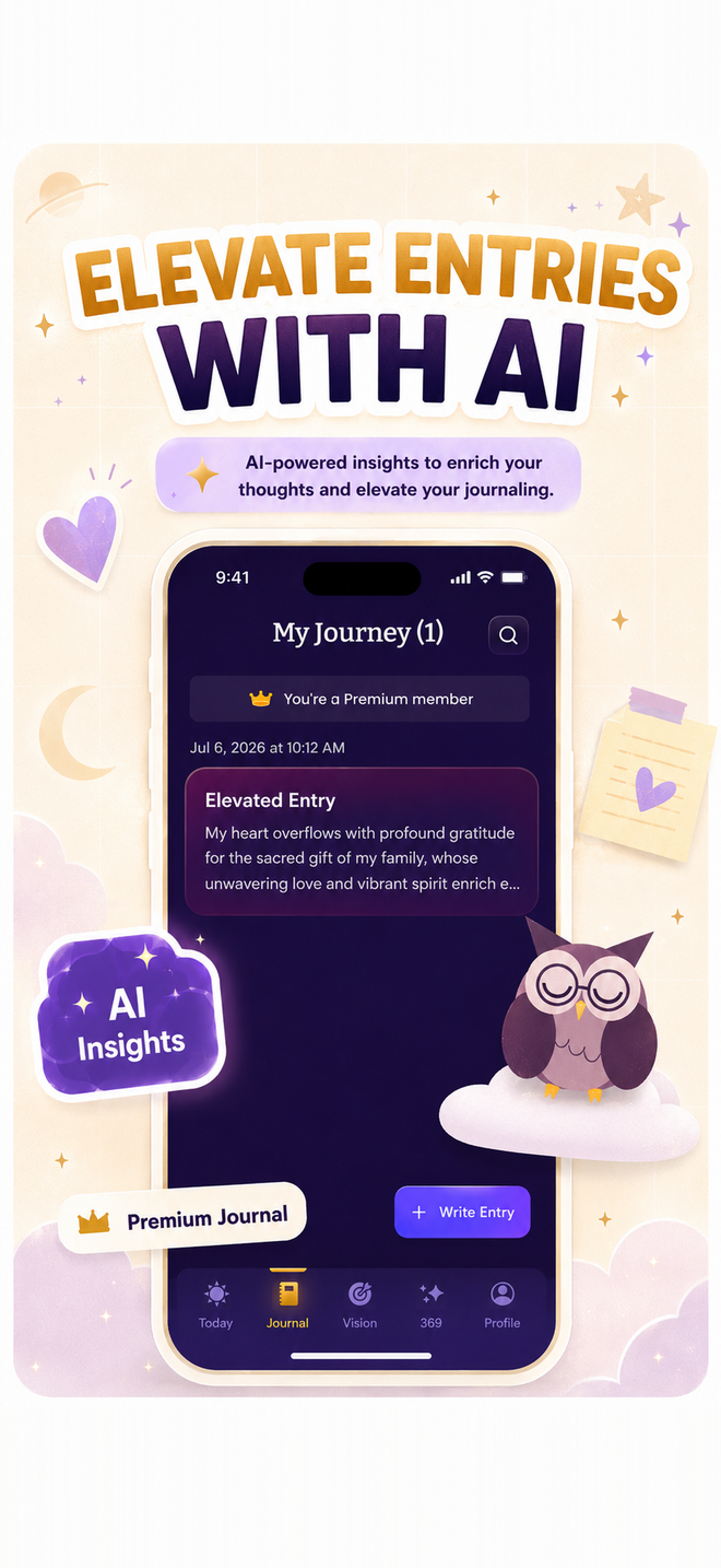 Diario de gratitud con IA en la app Manifest elevando una entrada a una reflexión que afirma